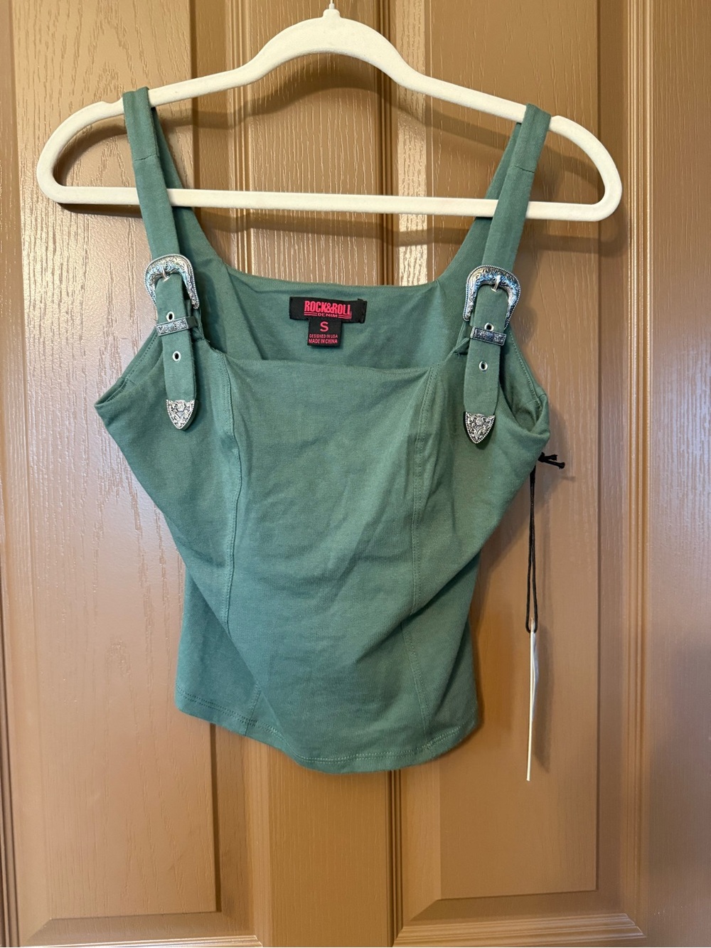 Rock & Roll Cowgirl Green Buckle Strap Tank Top